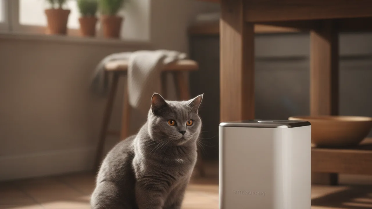 Britisch Kurzhaar sitzt neben einem weißen Futterautomaten