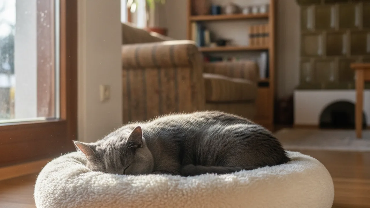 Britisch Kurzhaar schläft zusammengerollt in einem runden Katzenbett