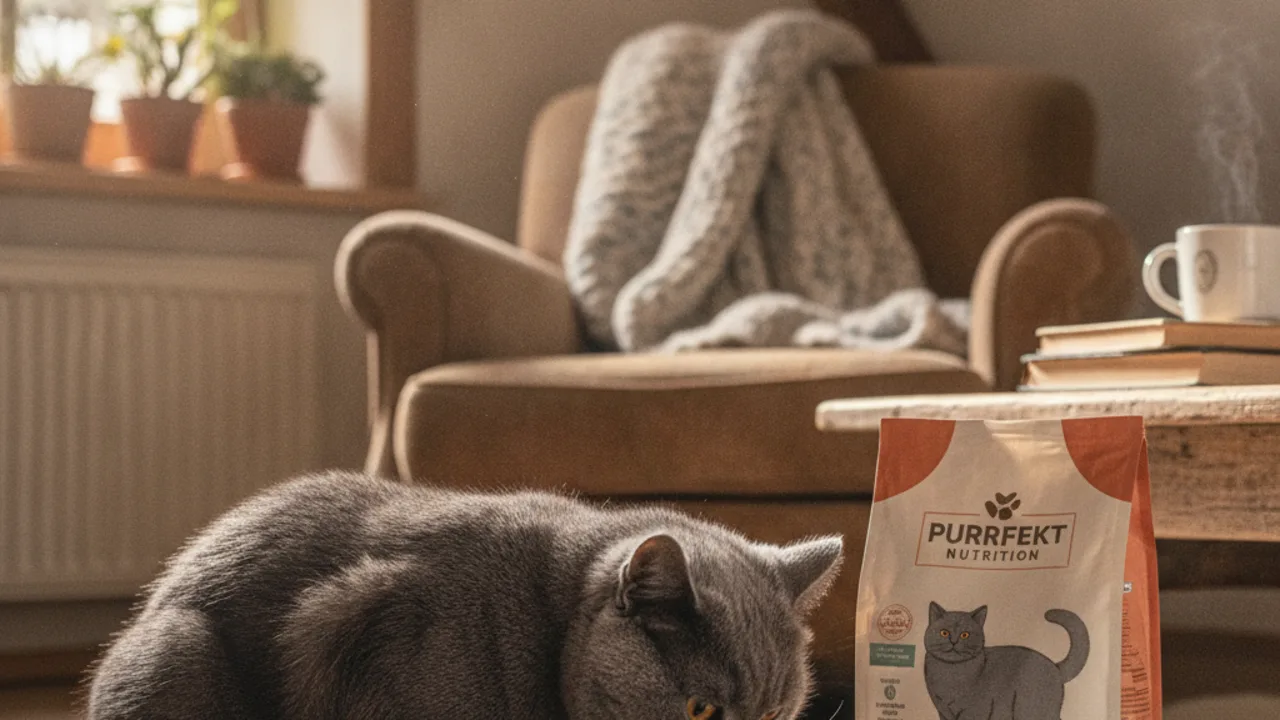 Britisch Kurzhaar liegt neben einer Futterpackung am Tisch