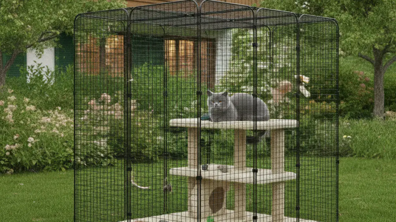 Britisch Kurzhaar sitzt in einem Freigehege mit Plattformen im Garten