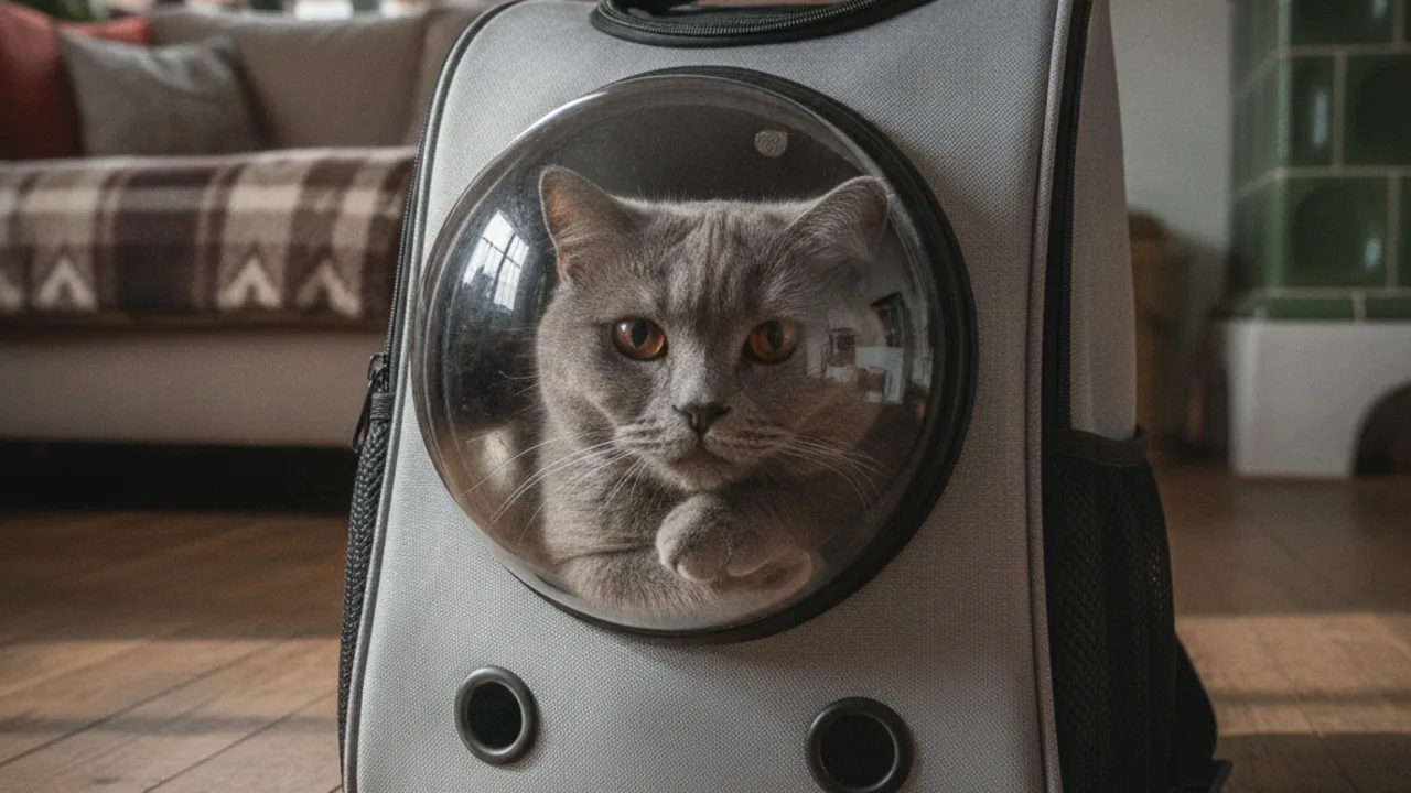Britisch Kurzhaar schaut aus dem runden Fenster eines Katzenrucksacks