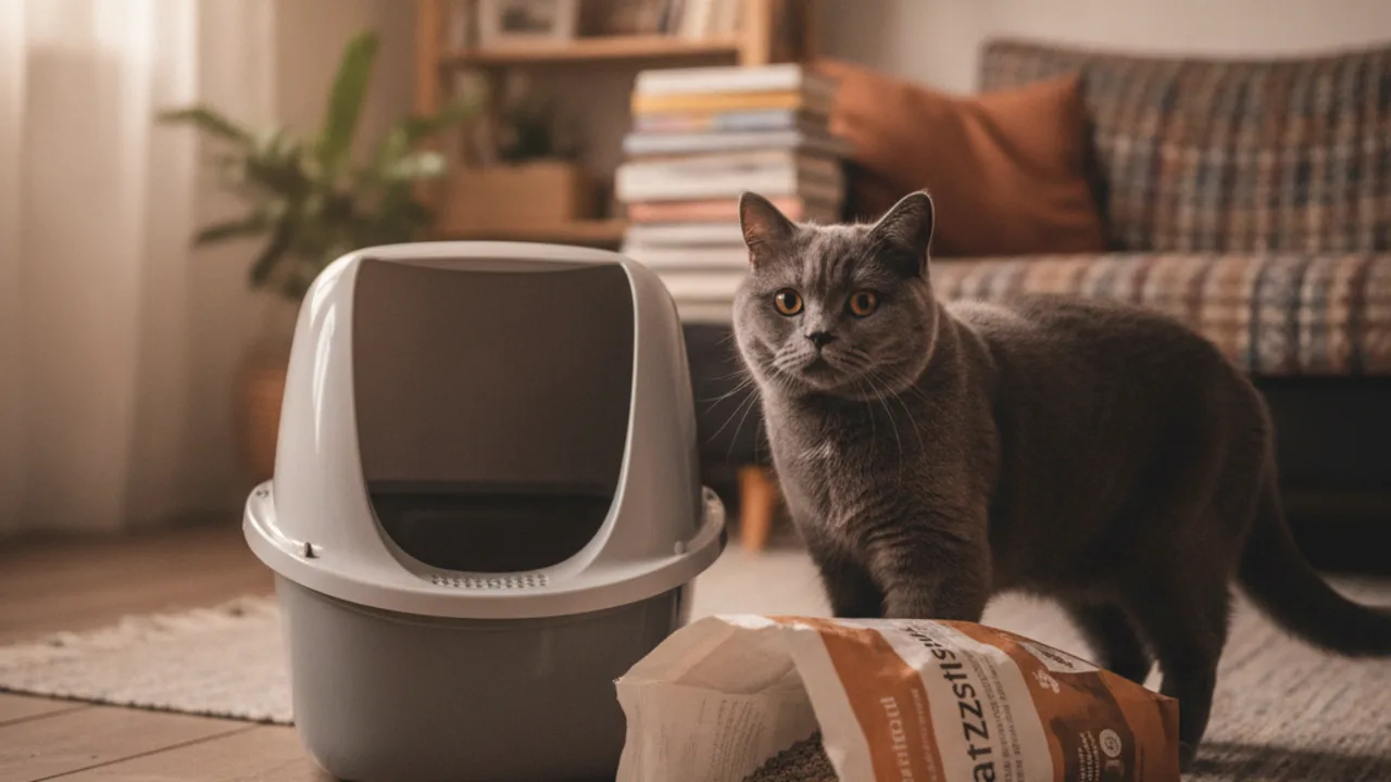 Britisch Kurzhaar steht neben Katzentoilette und Streusack