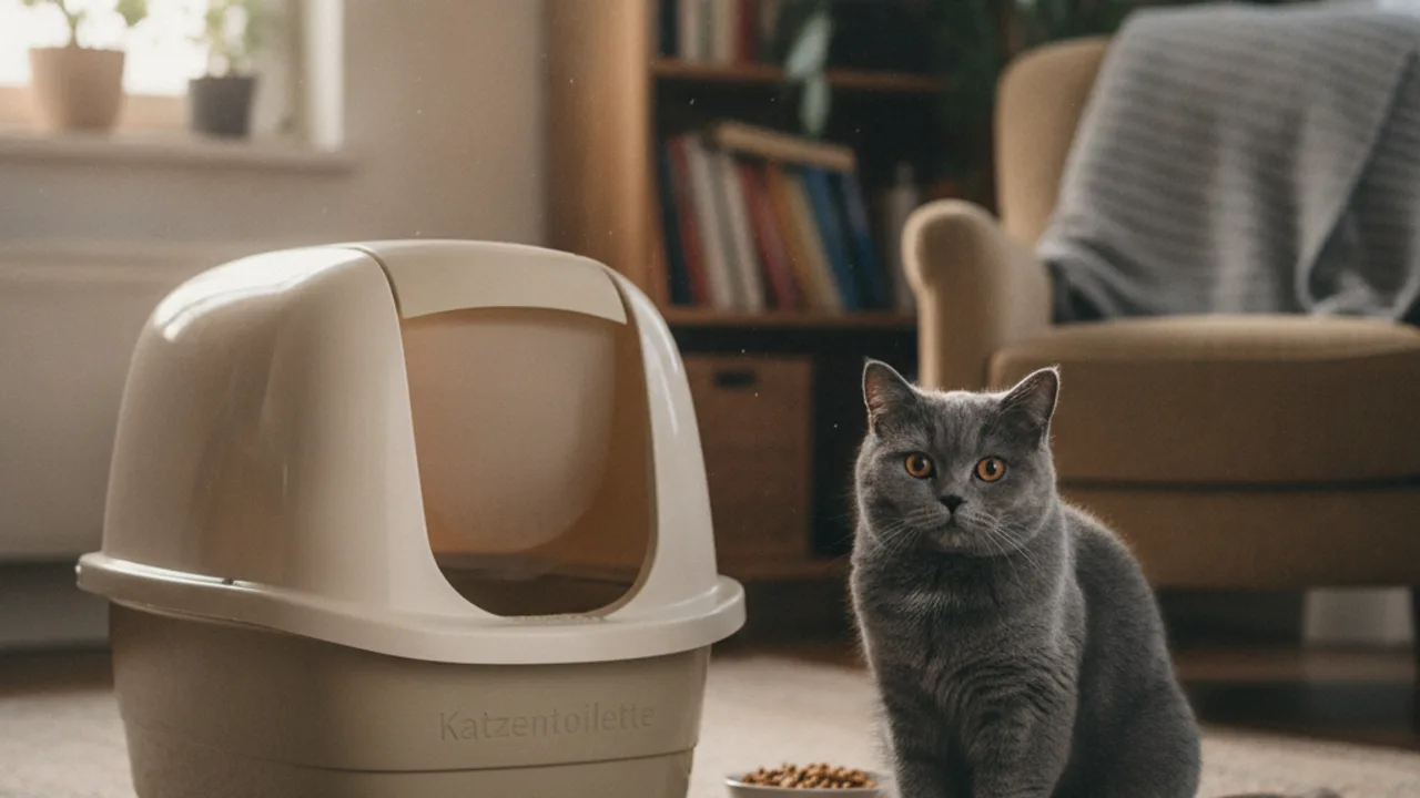 Britisch Kurzhaar sitzt neben einer Katzentoilette mit Haube