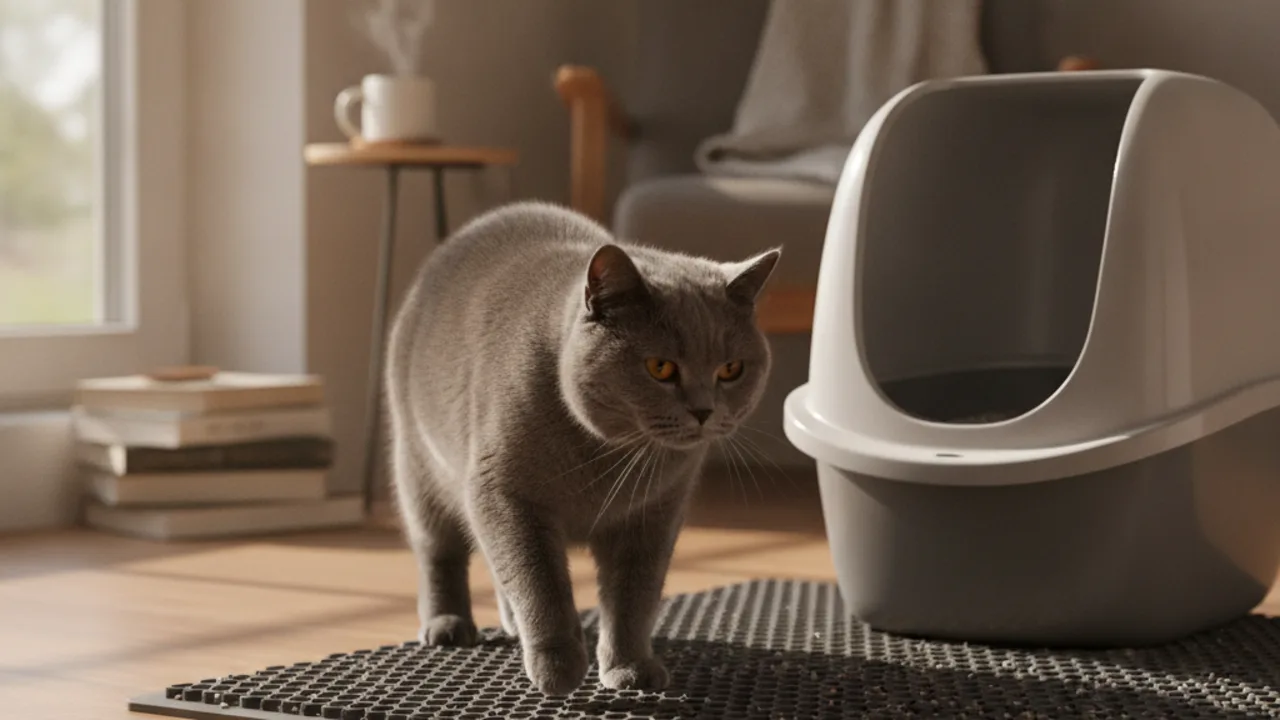 Britisch Kurzhaar tritt von der Vorlegematte neben dem Katzenklo