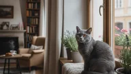 Britisch Kurzhaar sitzt am Fenster einer Wohnung zwischen Pflanzen