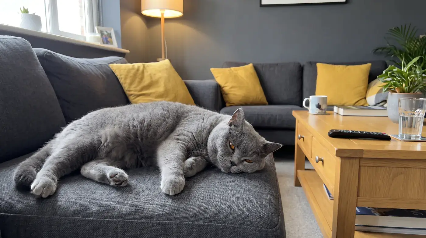 Erwachsene blaue Britisch Kurzhaar liegt lang ausgestreckt auf einem grauen Stoffsofa mit senfgelben Kissen