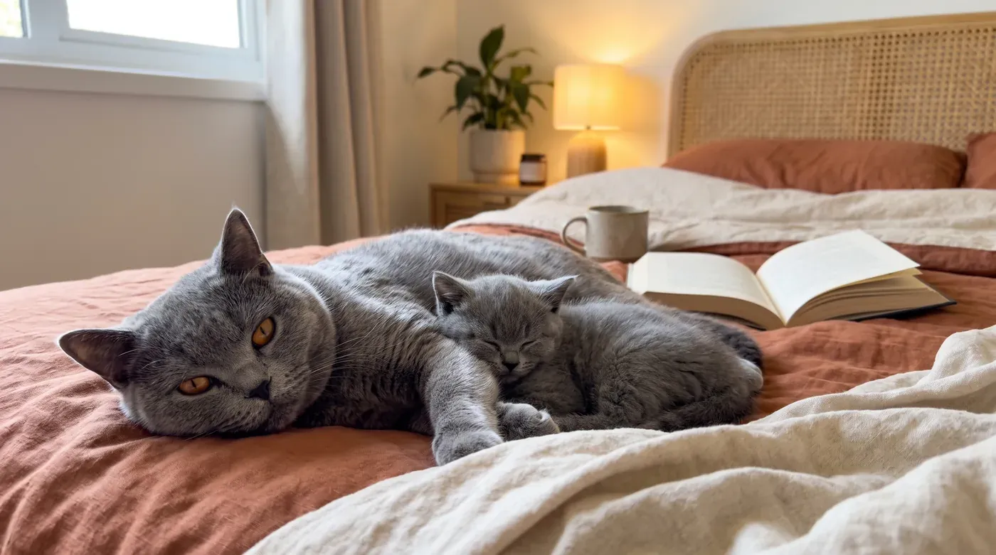 Blaue Britisch-Kurzhaar-Katze döst mit ihrem Kitten auf einem Bett mit terrakottafarbener Bettwäsche