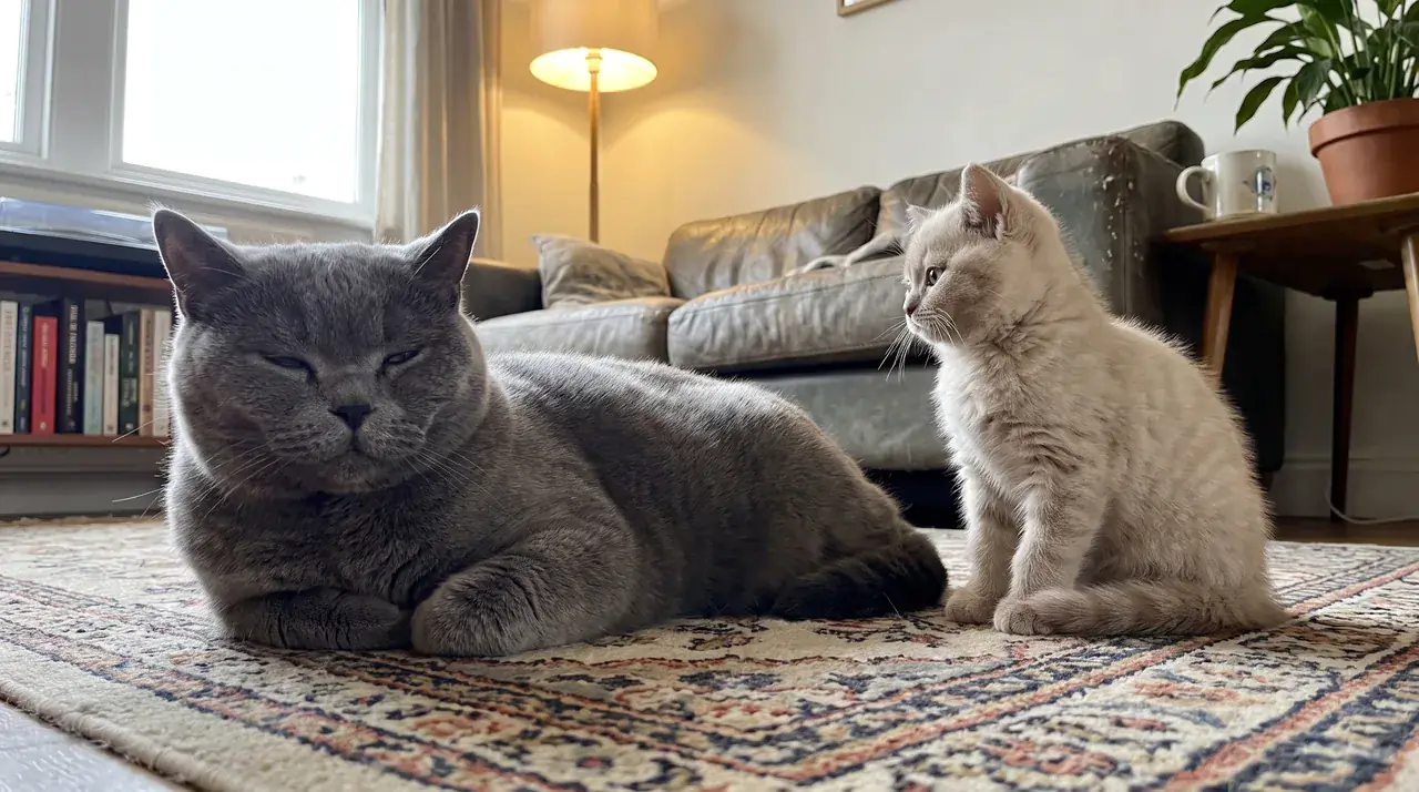 Großer ausgewachsener Britisch-Kurzhaar-Kater liegt auf dem Teppich, daneben sitzt ein deutlich kleineres Kitten