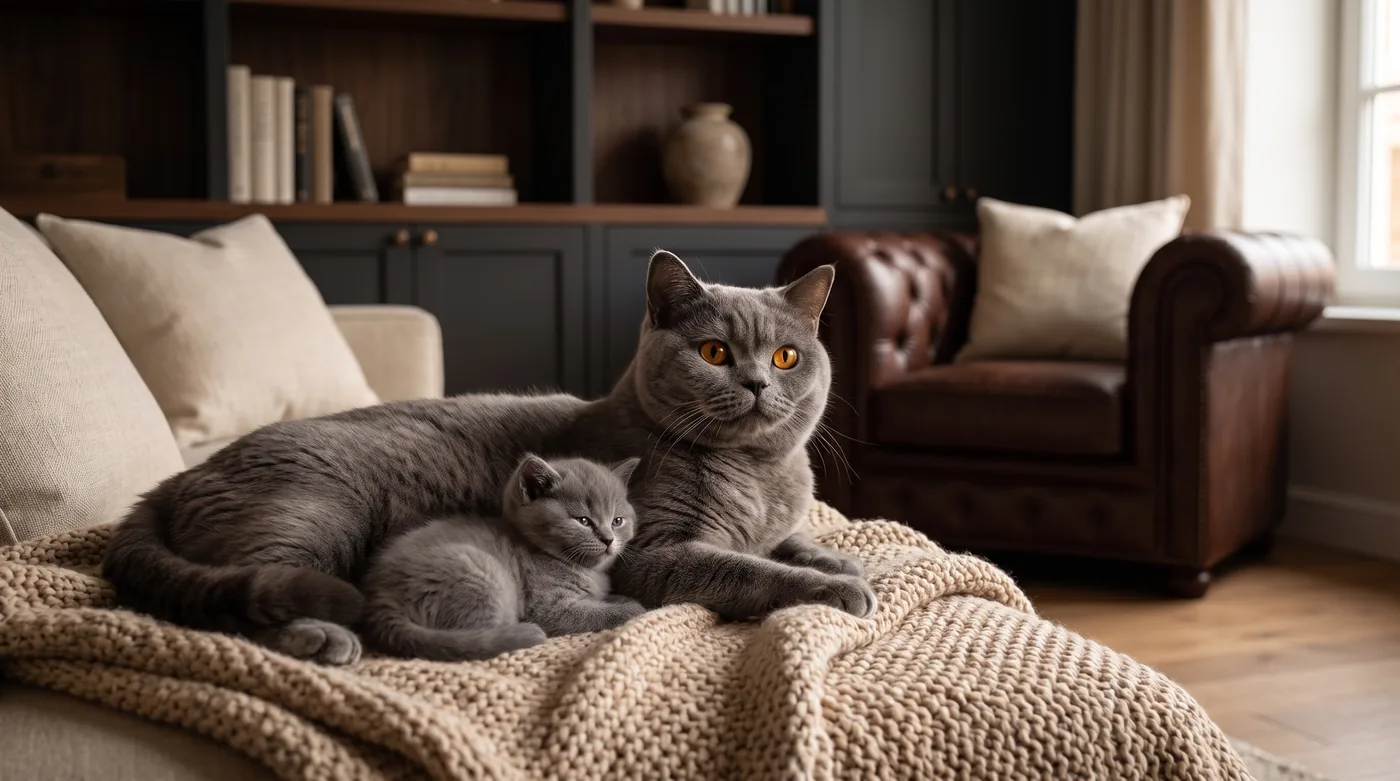 Blaue Britisch-Kurzhaar-Mutterkatze liegt mit ihren Kitten auf einer Decke im Wohnraum eines Züchters