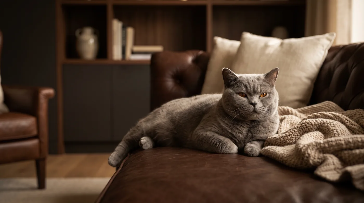 Blaue Britisch Kurzhaar liegt entspannt auf einem Sofa und schaut zur Seite