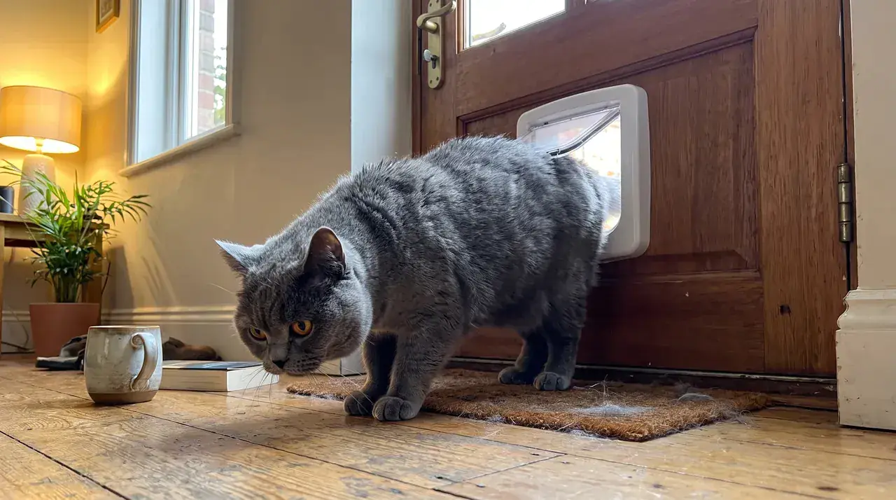 Britisch Kurzhaar ist gerade durch die weiße Katzenklappe in der Holz-Haustür gekommen und steht auf der Fußmatte im Flur
