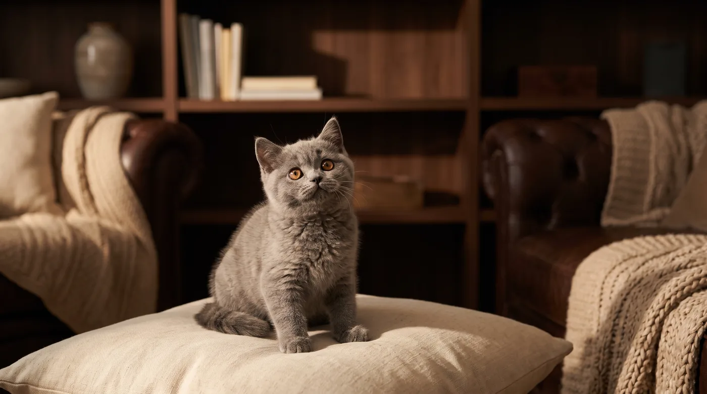 Graues Britisch-Kurzhaar-Kitten sitzt aufrecht auf einem hellen Kissen im Wohnzimmer und schaut nach oben
