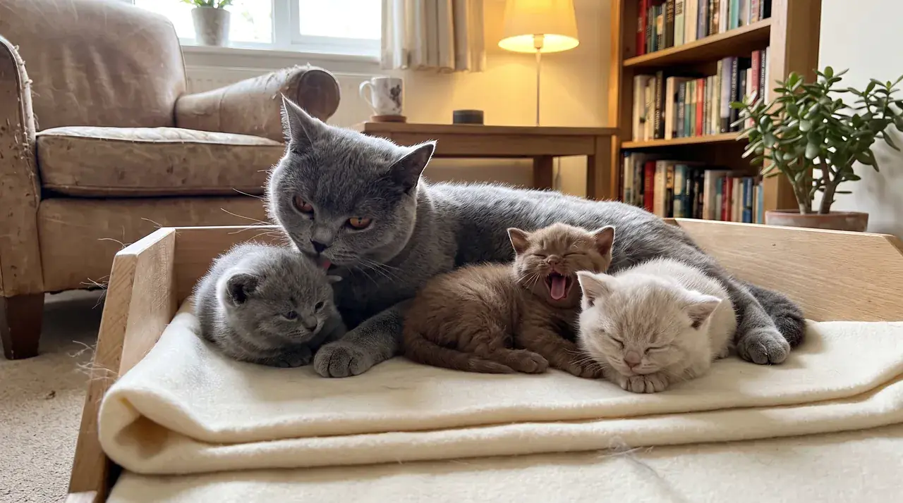 Blaue Britisch-Kurzhaar-Mutterkatze putzt ein blaues Kitten, daneben liegen ein braunes und ein cremefarbenes Geschwisterkitten in der Wurfkiste