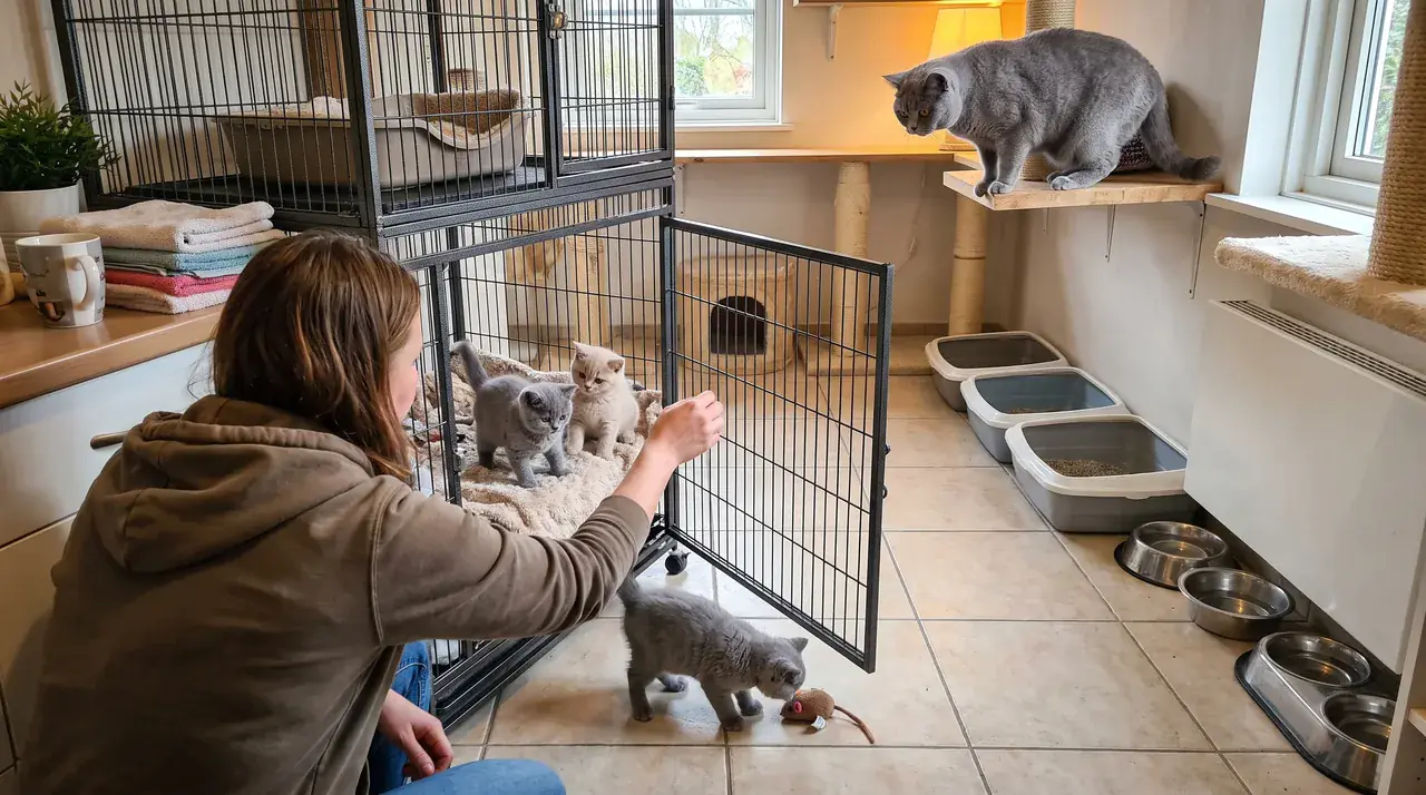 Besucherin hockt vor einem offenen Kittengehege im Wohnraum, zwei Kitten auf der Decke, ein drittes läuft mit einer Spielmaus heraus, die Mutterkatze beobachtet von einem Wandbrett