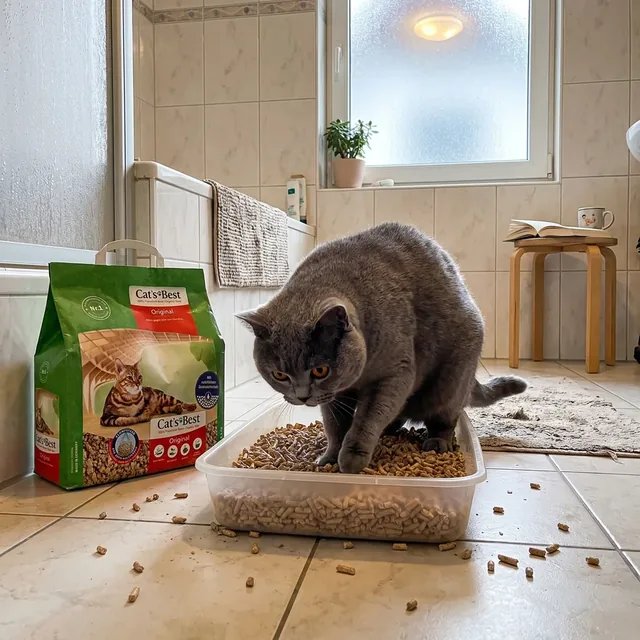 Kleine grüne Cat's Best Oeko Plus Verpackung neben der Katzentoilette, eine Britisch Kurzhaar scharrt in der Streu