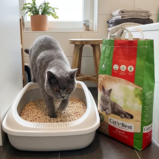 Grün-rote Cat's Best Original Streu-Verpackung neben einer offenen Katzentoilette im Bad
