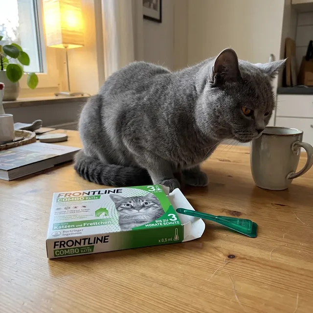 Grüne FRONTLINE Combo Packung mit Pipette auf dem Küchentisch