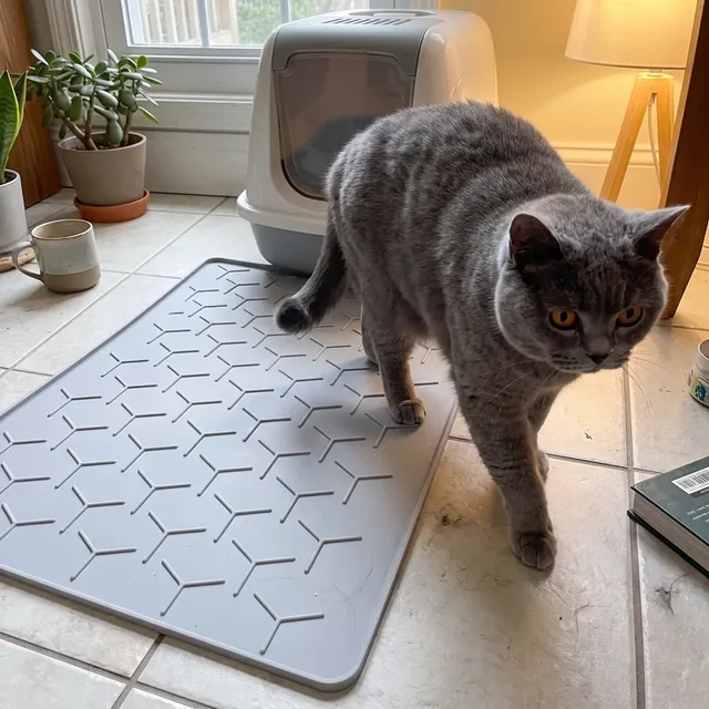 Hellgraue Garoopion Silikon-Streumatte mit Y-Muster vor der Katzentoilette, eine Britisch Kurzhaar läuft darüber