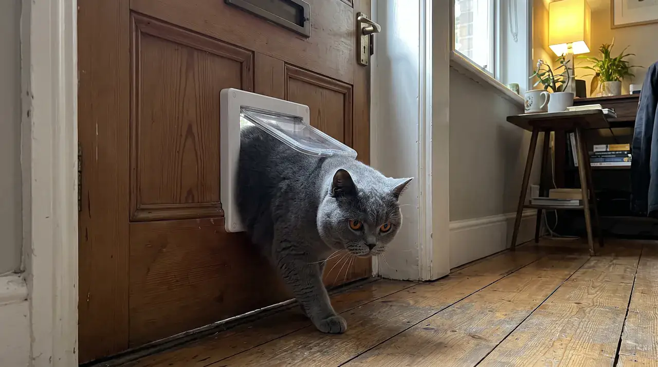 Kräftige Britisch Kurzhaar zwängt sich durch eine zu kleine Katzenklappe in einer Holztür