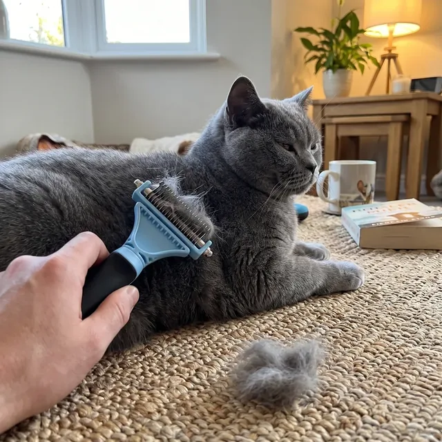 Blau-schwarze Pretty Paw Unterwollbürste mit Metallklingen wird über den Rücken einer Britisch Kurzhaar gezogen