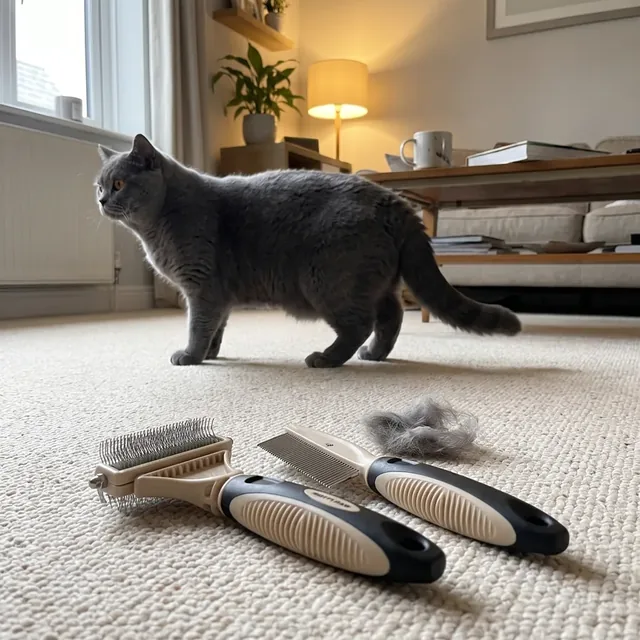 Beige Zupfbürste und Kamm für Katzen auf hellem Teppich, dahinter läuft eine Britisch Kurzhaar