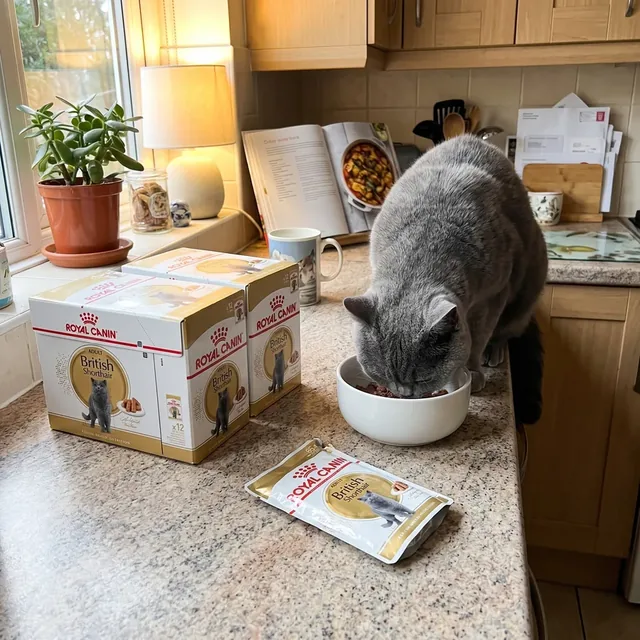 Royal Canin British Shorthair Schachteln und ein geöffneter Portionsbeutel auf der Küchenarbeitsplatte