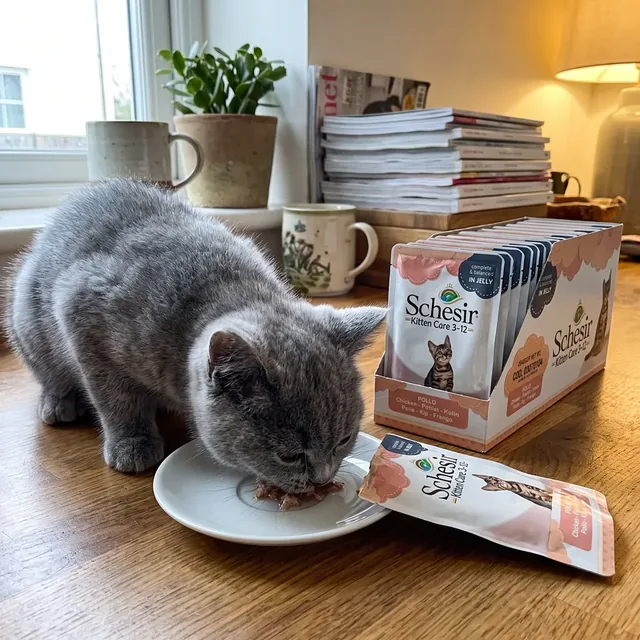 Rosa-weiße Schesir Kitten Portionsbeutel auf dem Küchenboden, ein Britisch-Kurzhaar-Kitten frisst von einem Teller
