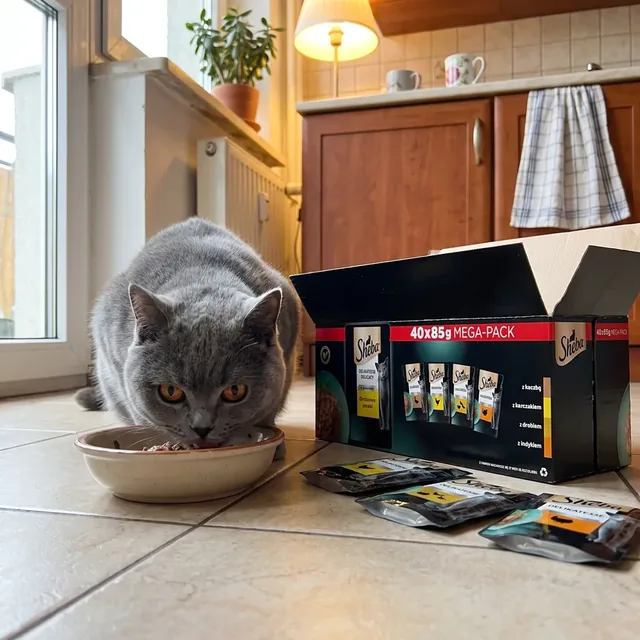 Geöffnete schwarze Sheba Delikatesse Multipack-Schachtel mit Portionsbeuteln auf dem Küchenboden