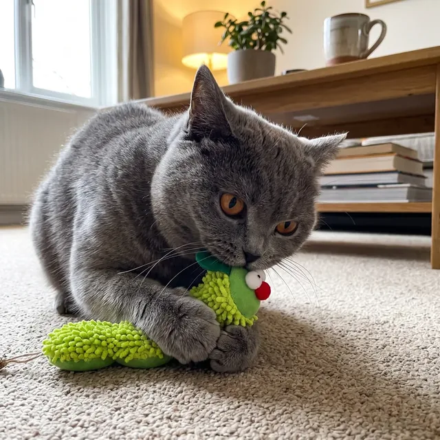 Hellgrüne Catnip-Raupe aus Chenille auf dem Teppich, eine Britisch Kurzhaar hält sie mit den Vorderpfoten fest