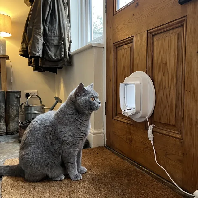 Weißes ZeroMOUSE Modul unten an einer geschlossenen Mikrochip-Katzenklappe in einer Holztür